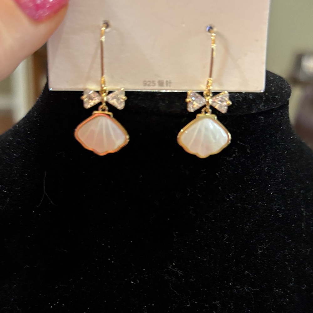 Gold-Tone Shell Drop Earrings with Mother-of-Pearl and Crystal Bow